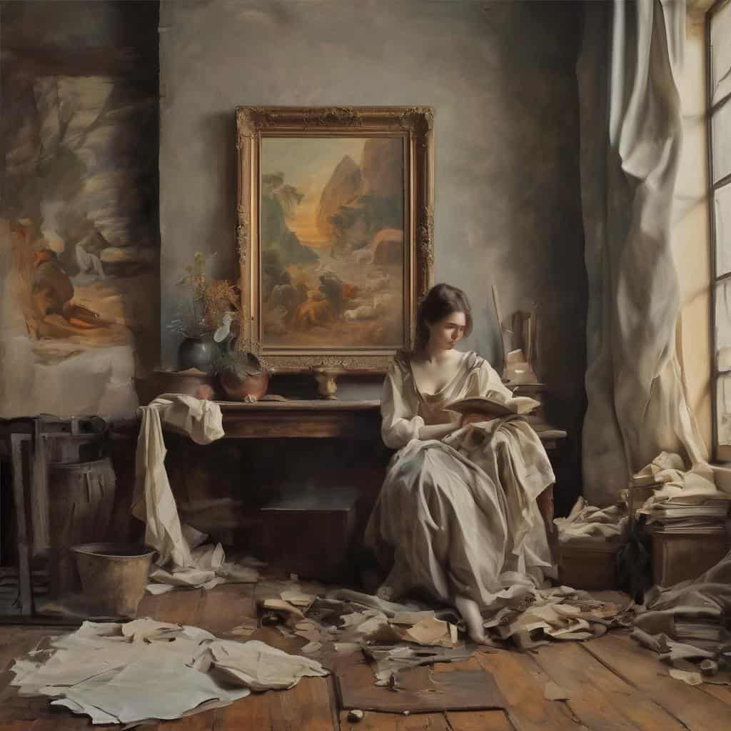 Νεαρή γυναίκα διαβάζει σε παλιό δωμάτιο με τέχνη και καμβάδες, επιρροές σύγχρονων καλλιτεχνών.