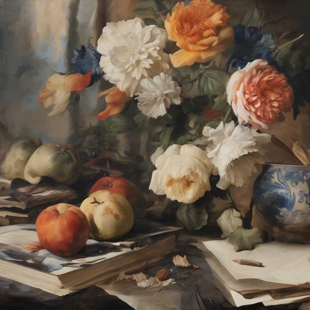 Λουλούδια σε πίνακα ζωγραφικής, φρούτα και βιβλία, έμπνευση από καλλιτέχνες που επηρεάζουν την τέχνη σήμερα.
