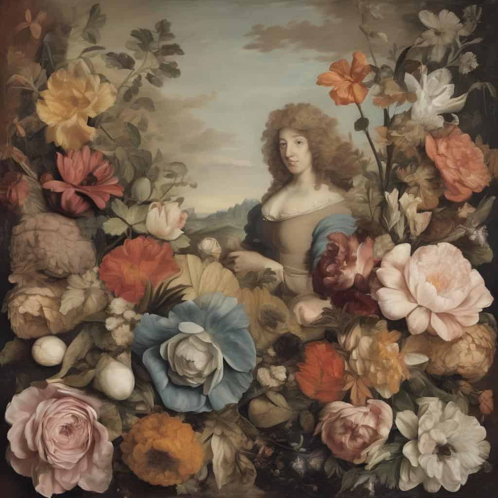 Ανθρώπινη μορφή με πολύχρωμα λουλούδια φόντο | Σύγχρονοι καλλιτέχνες που επηρεάζουν την τέχνη σήμερα, πίνακας με λουλούδια και γυναικεία μορφή.