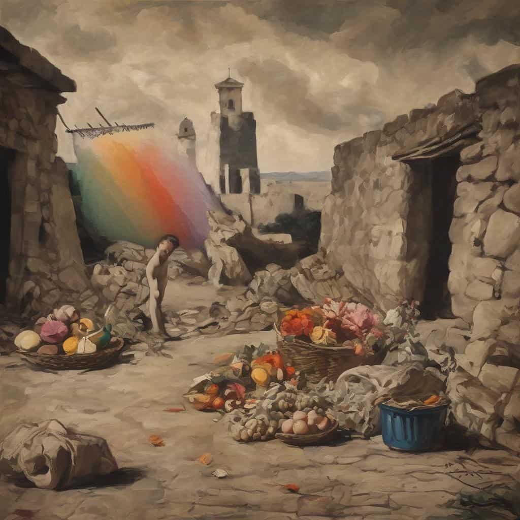 Ανθρώπινος καλλιτέχνης σε σκηνικό ρεαλιστικής τέχνης με παλαιά κτίσματα και γκαλά.