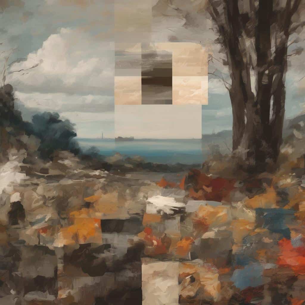 Χαοτικό έργο τέχνης που απεικονίζει τοπία με έντονες γραμμές και χρώματα.